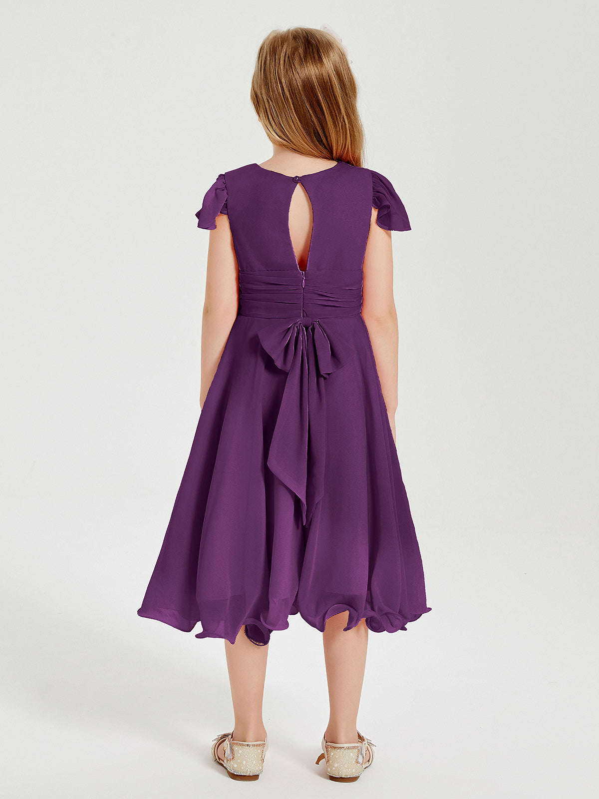 Chiffon Tea Length Junior Bridesmaid Dresses Grape